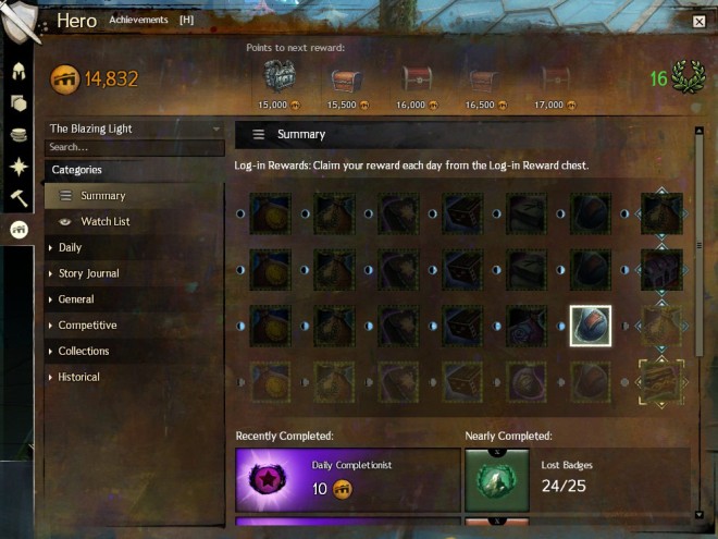 The main achievement panel screen. It shows your points, your next few chests, your daily rewards, recently completed achievements, and nearly-completed ones.